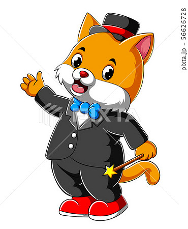 Cartoon Cat In Full Suit Holding Magician Stickのイラスト素材