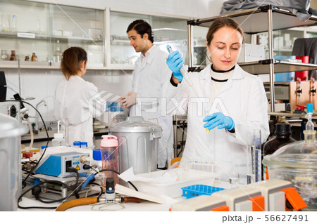 Female student performing experiments in university laboratory, using mechanical lab pipette for mixing chemicals 56627491