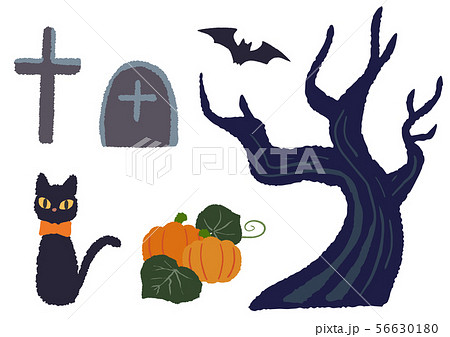 ハロウィン 墓地 猫 セットのイラスト素材