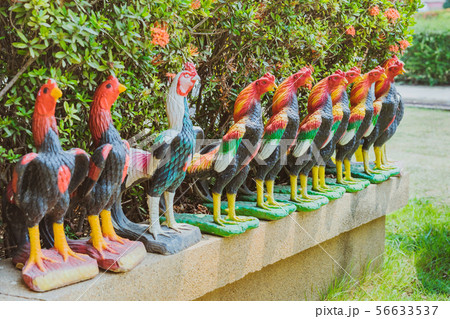 Colorful of many rooster statues at King Naresuan Colorful of many rooster statues at King Naresuan 56633537