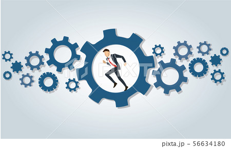 Businessman running in wheel gear background Businessman running in wheel gear background 56634180