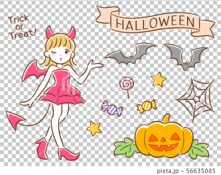 小悪魔衣装の女の子とハロウィンの手描き風イラストセット 56635085