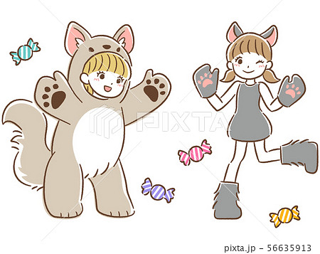 狼 黒猫の仮装の女の子とキャンディの手描き風ハロウィンイラストセットのイラスト素材