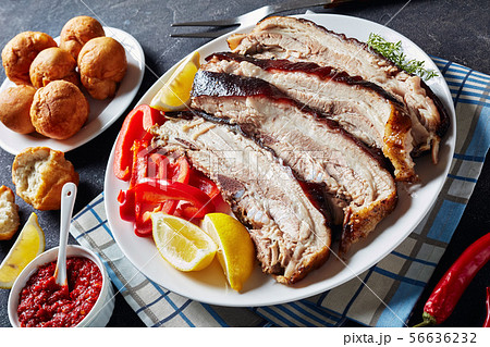 jerky pork belly cut in slices, close-up jerky pork belly cut in slices, close-up 56636232