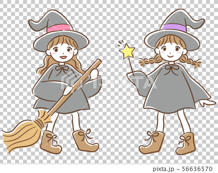 Two Girls In Witch Costumes Hand Drawn Stock Illustration
