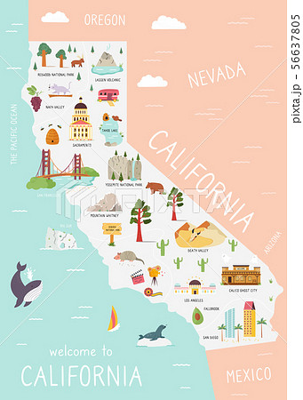 An Illustrated Map Of California With Destinationsのイラスト素材