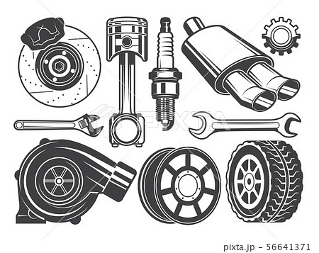 Monochrome pictures of engine, turbocharger cylinder and other automobile tools Monochrome pictures of engine, turbocharger cylinder and other automobile tools 56641371