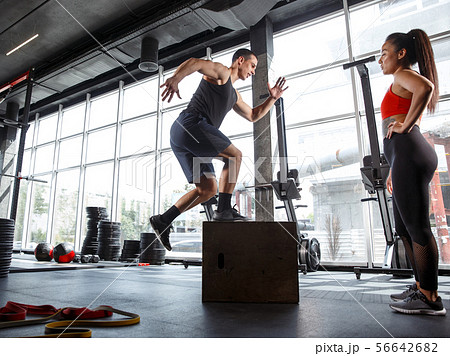 A muscular athletes doing workout at the gym 56642682
