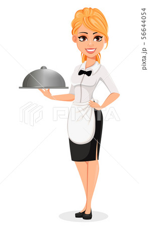 Happy blonde waitress holds domed tray 56644054