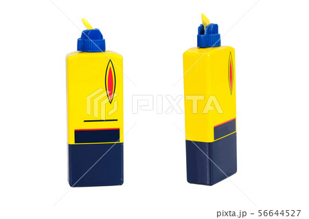 Lighter fuel in yellow bottle on white. Lighter fuel in yellow bottle on white. 56644527