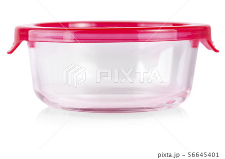 The glass food container with red plastic lid The glass food container with red plastic lid 56645401