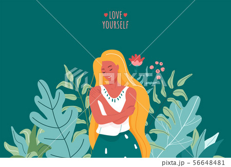 Love yourself vector illustration. Smiling woman hug herself. Body care design concept for print 56648481