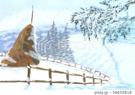 Old wooden fence and haystack in rural landscape. 56650818