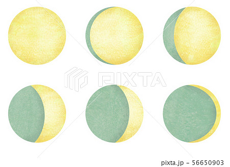 月の満ち欠け 三日月から満月のイラストセット 緑の和紙のイラスト素材