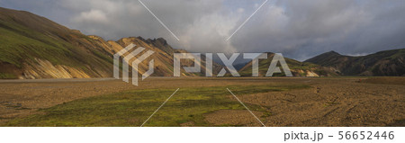 Beautiful scenic panorama of colorful volcanic mountains in Landmannalaugar camp site area of 56652446