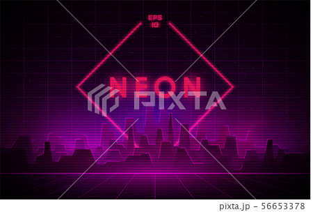 Retrowave night city with laser grid and big neon rhombus on background. Futuristic cityscape with Retrowave night city with laser grid and big neon rhombus on background. Futuristic cityscape with 56653378