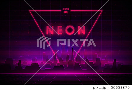 Retrowave night city with laser grid and big neon triangle on background. Futuristic cityscape with 56653379