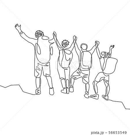 Continuous one line drawing group of travelers with hikings backpacks reach the goal. Teamwork Continuous one line drawing group of travelers with hikings backpacks reach the goal. Teamwork 56653549