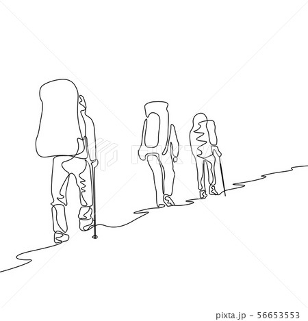 Continuous one line drawing group of three travelers hiking Continuous one line drawing group of three travelers hiking 56653553