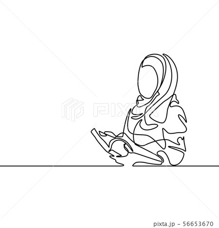 Continuous line drawing islamic woman with book. Vector illustration. Continuous line drawing islamic woman with book. Vector illustration. 56653670