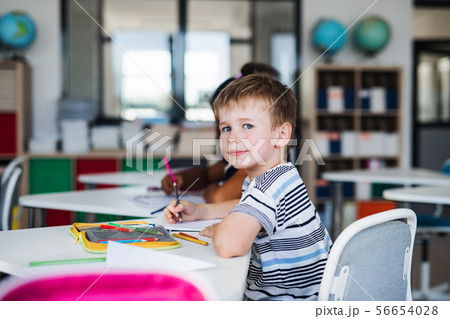 A small school boy sitting at the desk in classroom, writing. 56654028