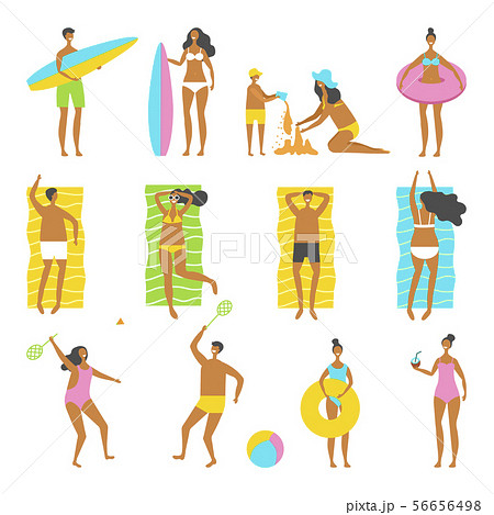 People on beach playing jogging surfing 56656498