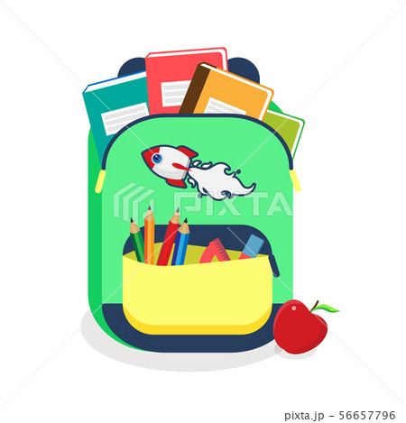 Colorful schoolbag with school supplies. Backpack with zippers isolated on white background. Vector 56657796