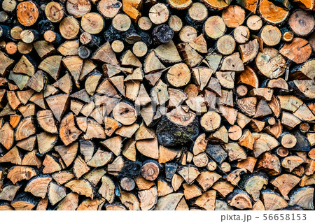 Big wall of stacked wood logs showing natural discoloration 56658153