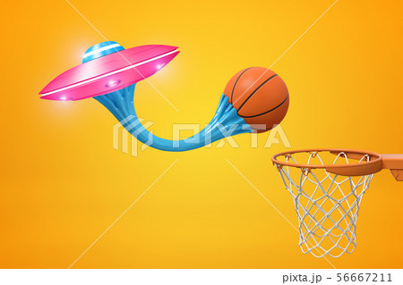 3d rendering of basketball ball stuck to pink metal UFO with blue sticky gum and basketball hoop on 56667211