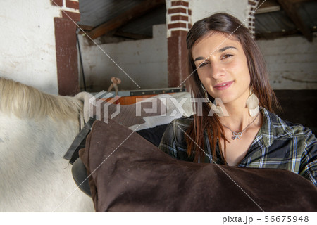 portrait of young rider woman with white horse portrait of young rider woman with white horse 56675948