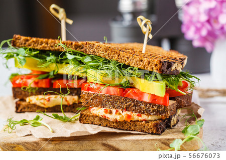 Vegan sandwich with tofu, hummus, avocado Vegan sandwich with tofu, hummus, avocado 56676073