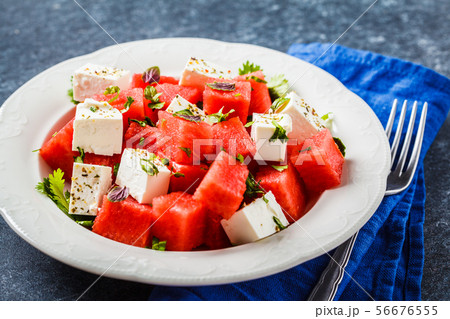 Watermelon salad with feta cheese and herbs  56676555