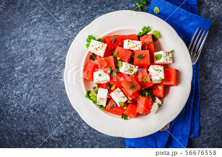Watermelon salad with feta cheese and herbs  56676558