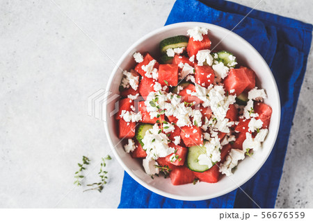Watermelon, cucumber and feta cheese salad  56676559