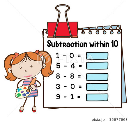 Subtraction Within Ten Worksheet With Girlのイラスト素材