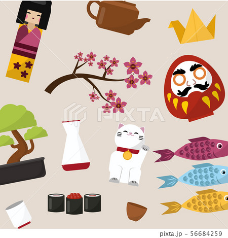Japanese symbols of luck vector pattern. Japanese dolls - kokeshi that bring good luck, prosperity 56684259