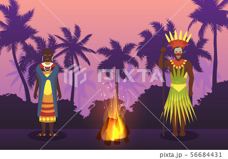 African man and woman in traditional tribal ethnic cloths in night Africa before fire vector African man and woman in traditional tribal ethnic cloths in night Africa before fire vector 56684431