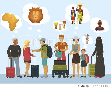Africa tourists vector illustration. Different nation and religion travellers thinking of african Africa tourists vector illustration. Different nation and religion travellers thinking of african 56684440