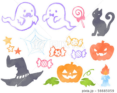 ハロウィンの水彩風イラストセット オバケ 黒猫 魔女の帽子 かぼちゃ キャンディ ろうそく のイラスト素材