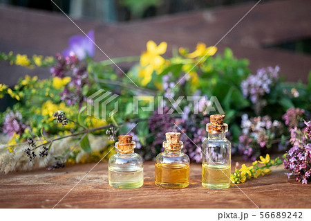 Bottles of essential oil with a mix of herbs 56689242