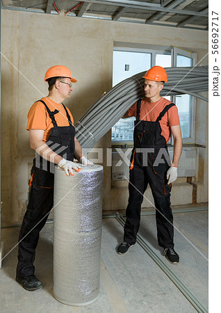 Workers are carrying thermal insulation. 56692717