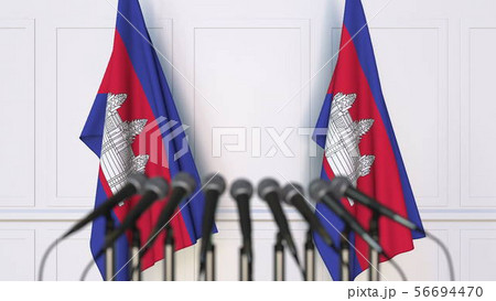 Cambodian official press conference. Flags of Cambodia and microphones. Conceptual 3D rendering 56694470