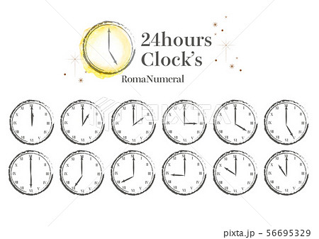 おしゃれ手描きの24時間時計 ローマ数字のイラスト素材 56695329 Pixta