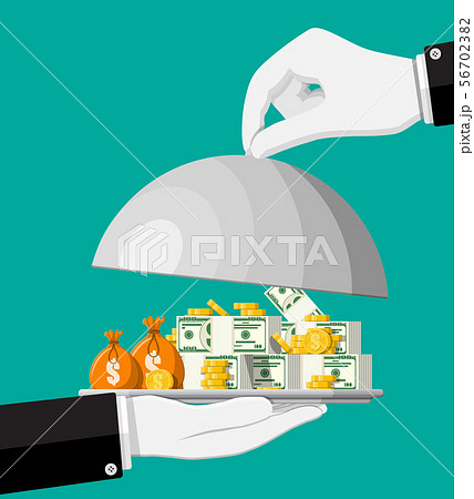 Stack Of Gold Coins And Banknotes In Tray In Hand のイラスト素材