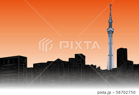 日本の名所東京スカイツリー夕日右のイラスト素材