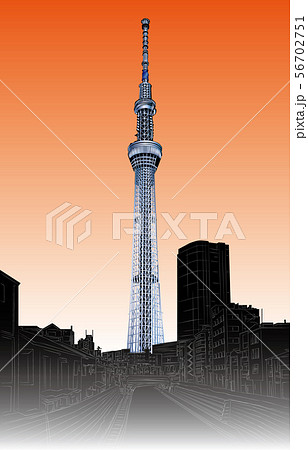 日本の名所東京スカイツリー夕日縦のイラスト素材