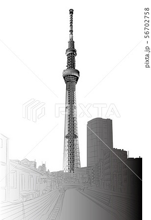日本の名所東京スカイツリー白黒白バック縦のイラスト素材