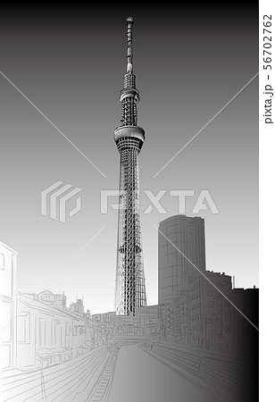 日本の名所東京スカイツリー白黒縦のイラスト素材