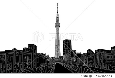 日本の名所東京スカイツリー線反転白バック横 日本の名所東京スカイツリー線反転白バック横 56702773