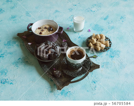 Breakfast with dates, coffee and healthy porridge 56705584